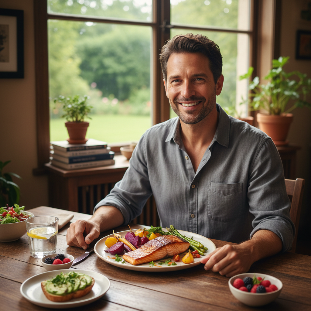 Man sitting at a table with a well-composed, colorful, balanced meal in a natural home setting