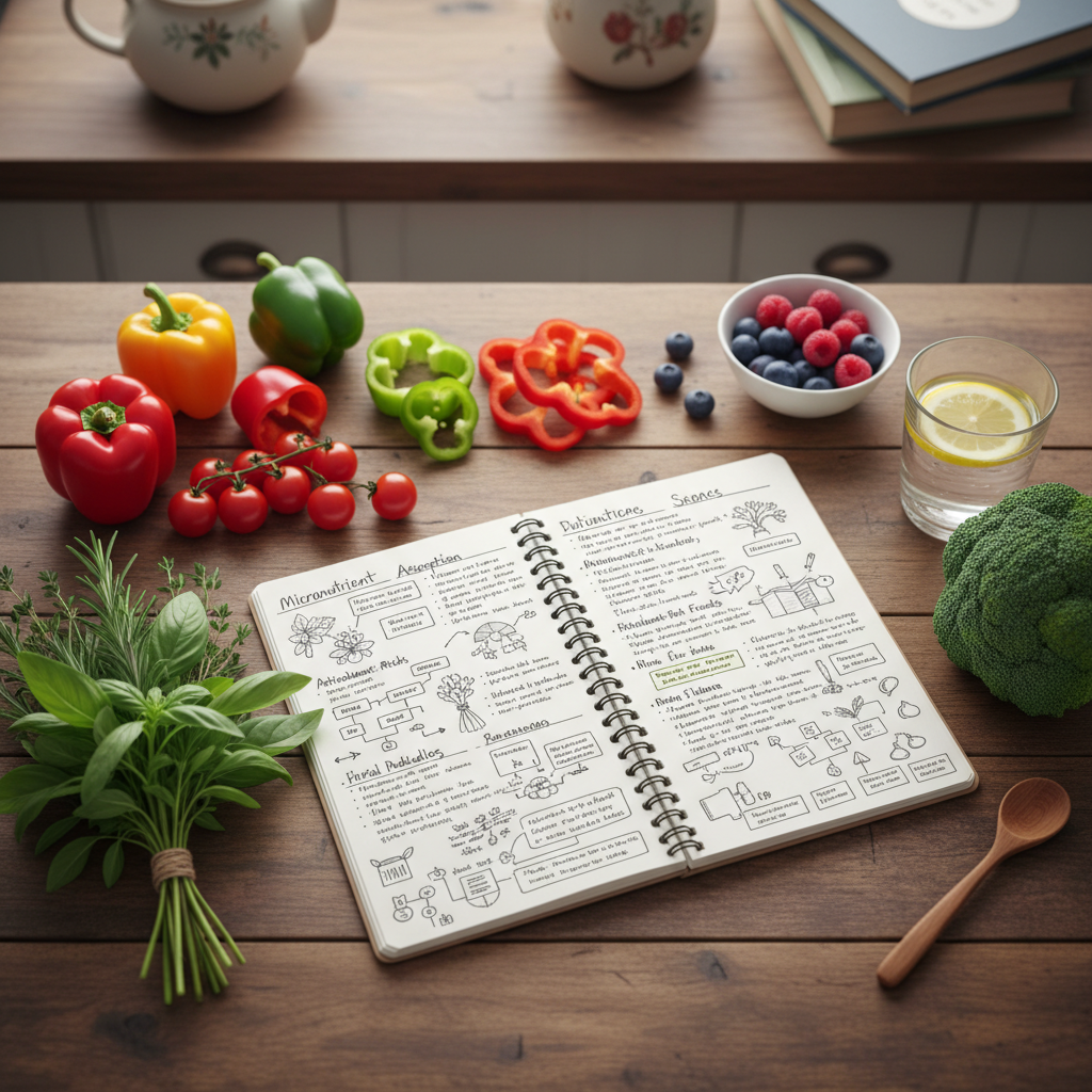 Open notebook with nutritional reference materials, fresh herbs and vegetables nearby