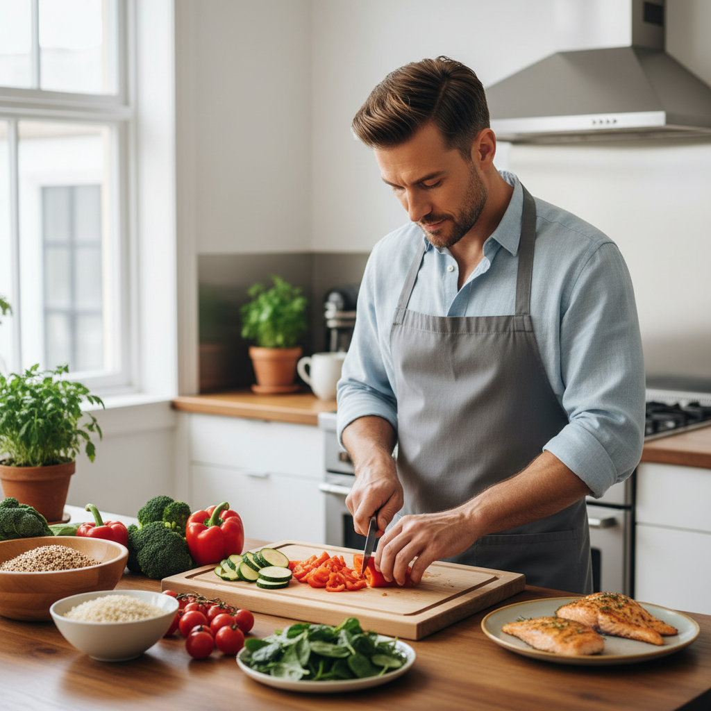 Man preparing a balanced meal with fresh vegetables, whole grains, and lean protein in a home kitchen