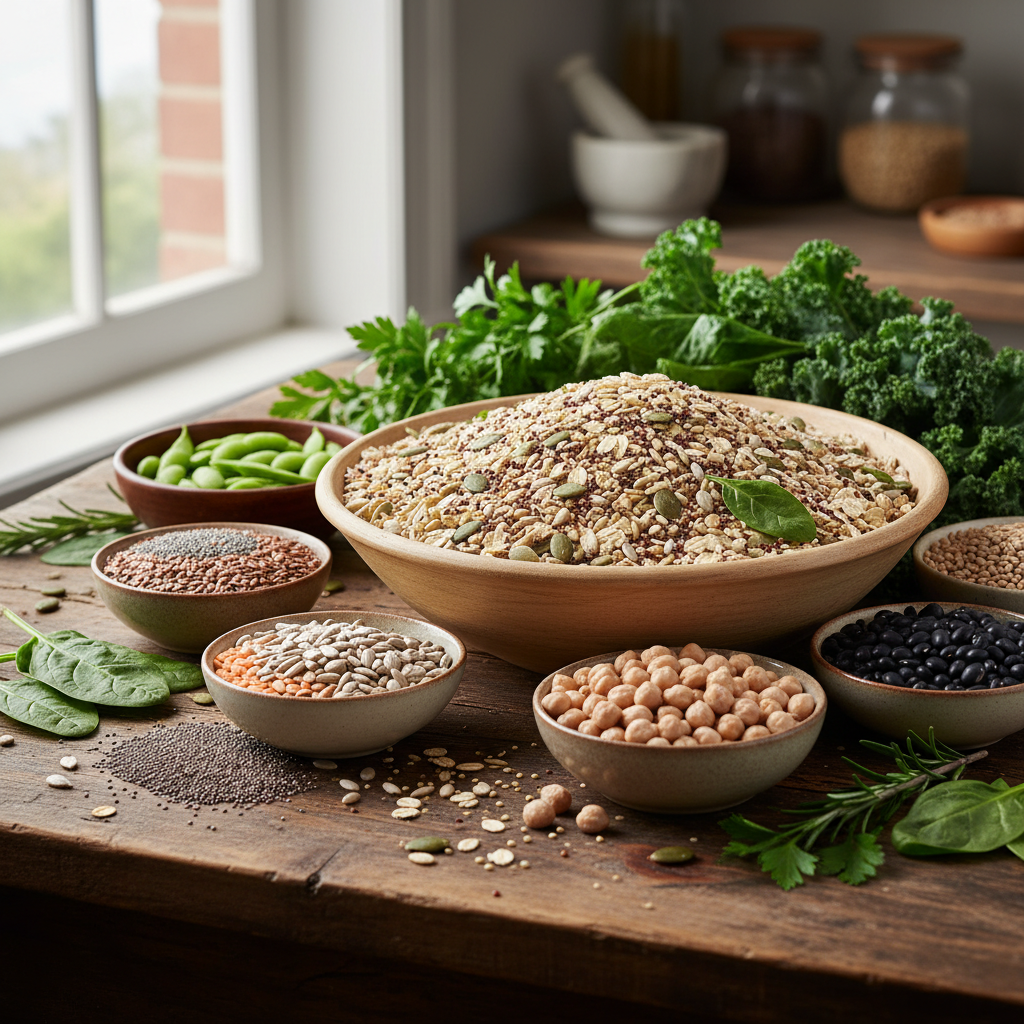 Whole grains, seeds, legumes, and leafy vegetables representing mineral-rich food sources